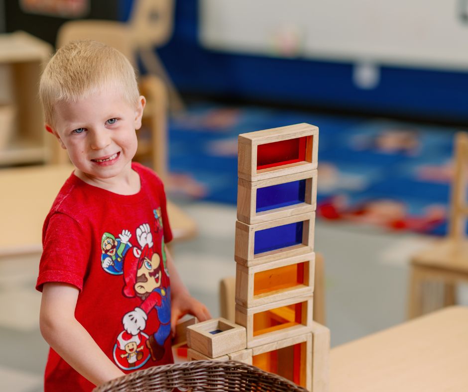 Young Boy Playing with Blocks at Brighton Preschool